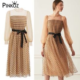 vintage elegant mesh patchwork midi dress women polka dot pleated lace up sashes plus size dresses summer party vestidos 210421