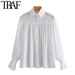 TRAF Women Fashion Semi-Sheer Loose White Blouses Vintage Long Sleeve Button-up Female Shirts Blusas Chic Tops 210415