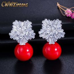 Fashion OL Style Silver Colour Cubic Zirconia Setting Large Flower Stud Earrings with Pearls Jewellery for Women CZ282 210714