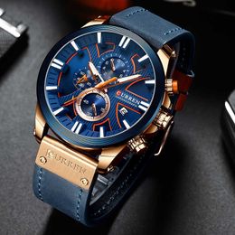 Relogio Masculino CURREN Mens Watches Top Brand Luxury Chronograph Big Dial Watch Men Leather Blue Gold Men's Wristwatch 210527