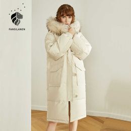 FANSILANEN Fur collar long white down jacket Women autumn winter wram quilted puffer coat Hooded casual oversized parka 210607