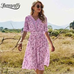 Surplice Neck Holiday Style Floral Print Midi Dresses Women Summer Casual High Waist Short Sleeve Female A-Line Dress 210510