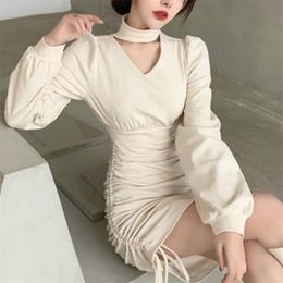 French Vintage Mini Dress Women V-Neck Casual Slim One Piece Dress Korean Sping Long Sleeve Evening Party Elegant Dress 210409