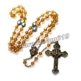Champagne Crystal Beads Strand Vintage Jesus Cross Rosary Necklace For Men Women Religious Jewelry