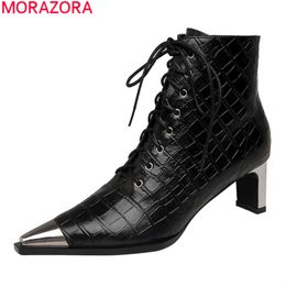 MORAZORA Genuine leather boots fashion pointed toe high heels ladies shoes simple lace up autumn winter ankle boots 210506