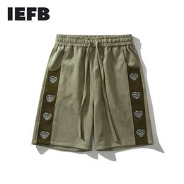 IEFB Streetwear Hip Hop Suede Shorts Men's Women's Summer Letters Embroidery Straight Casual Drawstring Knee Length Pants 210524