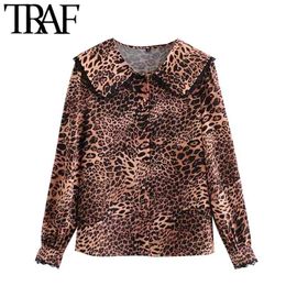Women Fashion With Lace Leopard Print Blouses Vintage Long Sleeve Button-up Female Shirts Blusas Chic Tops 210507