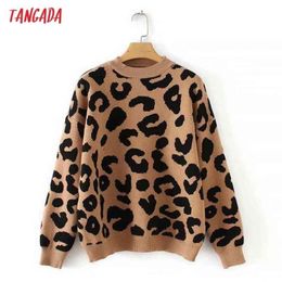 Tangada women leopard knitted sweater winter animal print winter thick long sleeve female pullovers casual tops 2X05 210917