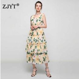 Summer Designers Runway Fashion Women Sleeveless Ruffles Cascading Long Maxi Chiffon Party Dress Bohemian Beach Robe Festa 210601