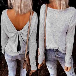 Spring Autumn Women T-shirt Casual O Neck Long Sleeve Solid T-Shirt Sexy Backless Hollow Out Kink Pleated Gray Loose Tops Female 210522