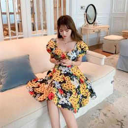 French short-sleeved floral dress summer women's clothing Sheath Office Lady Polyester Knee-Length 210416