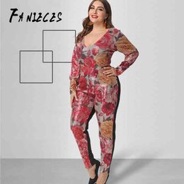 Plus Size Bodycon Sequin print Jumpsuit Women Sexy Clubwear Long Sleeve Club Jumpsuits drop combinaison femme 210520