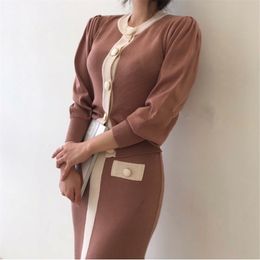 HMA 2 Piece Set Women Korean Chic Long Sleeve Single-Breasted Cardigan +High Waist Fashion Colorblock Knitted Skirt Suit 210330