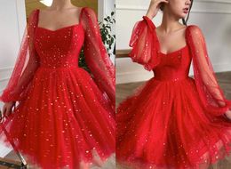 red glitter tulle NZ - Glitter Bling Red Short 2022 Prom Homecoming Dresses Square Neck Illusion Long Sleeves A line Tulle Graduation Unique Homecoming Bridesmaid Evening Formal Gowns