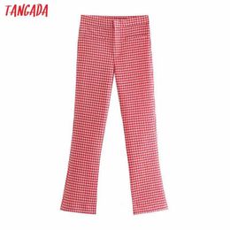 Tangada Women Red Plaid Print Pants Trousers Vintage Style Zipper Lady Pants Pantalon 3H562 210609