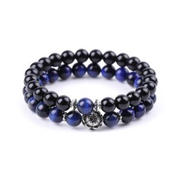 Men Blue Tiger Eye stone Bracelet Buddha lotus Charms Handmade 8mm Balck beads Bracelets Summer Women Jewellery gift