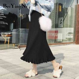 Knitted Skirt Casual Harajuku Retro Plain Thick High Waist Midi Pleated s Womens Simple Elegant Luxury 210506