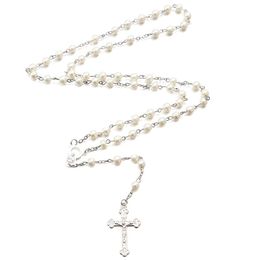 Pendant Necklaces Alloy Christian Cross Rosary Simulation Pearl Bead Necklace For Women Men Catholic Religious Jewellery