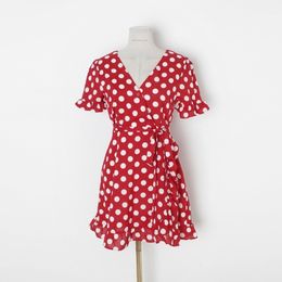 Red Polka Dot Ruffle V Neck Print Short Sleeve Wrap Cross Lace Up A Line Dress Mini Vintage D0759 210514