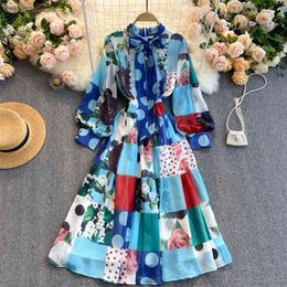 Women's Fashion Colour Matching Printing Round Neck Long Sleeve Slim Chiffon A-line Dress Clothing Elegant Vestidos R802 210527