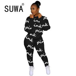 Women Letter Printed Hoodies Sweatshirt Top And Baggy Pants Fall Winter 2 Pieces Clothes Lounge Wear Matching Sets Streetwear 210525