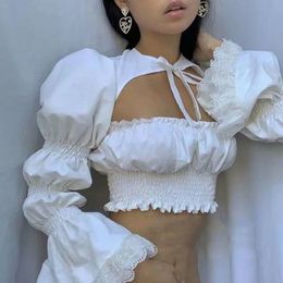 Lace Up White Cotton Blouse Tops Women Sexy Front Cut Crop Tops Summer Spring Elastic Long Sleeve Backless Top Blusa 210415