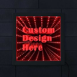 Custom Image Text LED Infinity Mirror Wood Frame Personalised LED Picture Frame Cool Infinite Led Tunnel Lamp Neon Sign 210611