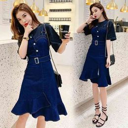 summer Denim Suspender Dres Korean Fashion Sexy Sleeveless Irregular Ruffles Patchwork Bodycon Mermaid 210531