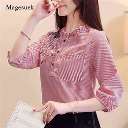 Embroidered Women Blouses Striped Casual Shirts 3/4 Sleeves Chiffon Pocket Button Womens Clothing Blusas Mujer 8148 210518