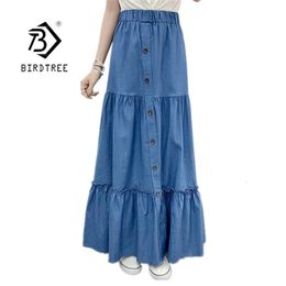 90cm Length Denim Tiered Maxi Skirt Spring Summer Casual High Waisted Washed Loose Long Cake Jeans Skirts B0N117N 210619