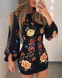 Women Slim Fit Leisure Casual Bodycon Mini Dress Female Cutout Back Bishop Sleeve Floral Dress Party Clubwear Print Dre Vestidos 210415