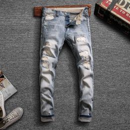 Italian Style Fashion Men Jeans Retro Light Blue Elastic Slim Fit Ripped Denim Pants Patchwork Vintage Designer Hip Hop Trousers