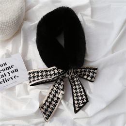 Scarves Faux Rex Fur Scarf Ring For Women Knitted Plaid Ribbon Ladies Collar Winter Warm Neckerchief Swallow Grid Black