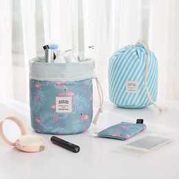 Barrel Shaped Women Travel Cosmetic Bag High Capacity Drawstring Elegant Drum Wash Bags Flamingo Printed Makeup Organiser Storage LLD9859