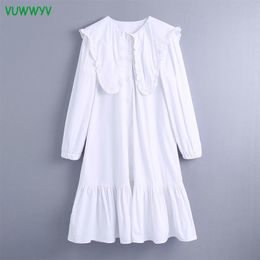 Vuwwyv Branco Ruffle Midi Vestidos para Mulheres Partido Vintage Mulher Vestido de Manga Longa Botões Frontais Vestidos 210430