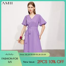 Minimalism Summer Vintage Women's Dress Fashion Cotton Vneck Puff Sleeve High Waist Aline 12170086 210527