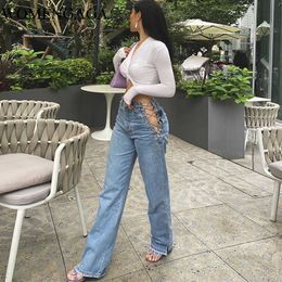 Womengaga Пользовательские цепные джинсовые джинс Свободная сексуальная высокая талия прямая трубка широкие брюки ноги Дизайн Европы Америка 9CPL 210603