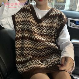 Aelegantmis Knit Striped Sweater Vest Women Oversized Cool Ladies Casual Vintage Woman Sleeveless Coat Chic Waistcoat 210607