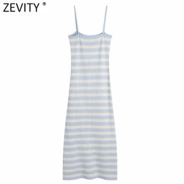 Women Fashion Striped Print Casual Slim Knitting Sling Dress Female Chic Summer Spaghetti Strap Vestido DS8283 210416