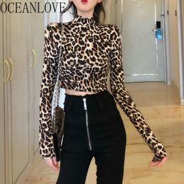 Leopard Stand Collar Blouse Women Short Sexy Fashion Ins Blusa Feminina Spring Retro Long Sleeve Shirts 15009 210415