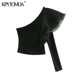 Women Sexy Fashion With Ruffled Cropped Blouses Asymmetric Neck Long Sleeve Female Shirts Blusas Chic Tops 210420