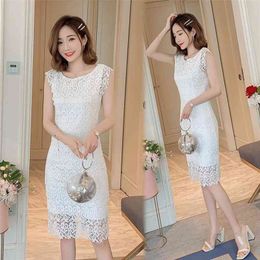 White water-soluble lace dress female summer slim slimming bag hip temperament high waist 210416