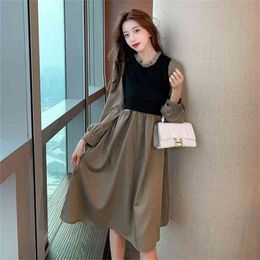 Spring Autumn Women Dress Elegant Plus Size Long Sleeve Knitted Patchwork Lace Up Hollow Out Fake Two Piece Dreses Korean 210513