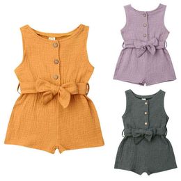 Pudcoco US Stock 0-18M Infant Baby Girl Soft Romper Cotton Linen Clothes Sleeveless Romper +Belt Jumpsuit Solid Cotton Set G1221