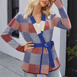 Foridol plaid knitted sweater cardigan tops women vintage autumn winter ladies lace up belt casaul cardigan 210415