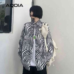 Summer Hip Hop Button Up Women Blouse Tunic Shirt Zebra pattern Long Sleeve Oversize Ladies Shirts Turn Down Collar Tops 210521