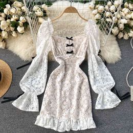 Summer Women White Lace Party Mini Bacaless Ruffle Bow Sexy Short Night Club Wrap Dress 210415