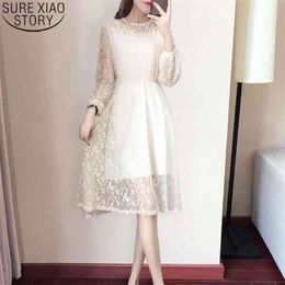 Fashion Knee-length Floral Dresses Koream Style Slim Fit Spring Women Lace Beading O-neck Long Sleeve 13456 210506