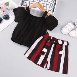 Girls' Suit Spring Summer Children's Clothing Suspenders Short-sleeved Striped Shorts Two-piece Girl Clothes 210515