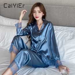 CAIYIER Sexy Satin Lace Trimmed Pyjama Set Autumn Women Long Sleeve Silk Pyjamas Winter Casual Sleepwear Homewear 2Pcs Nightwear Q0706